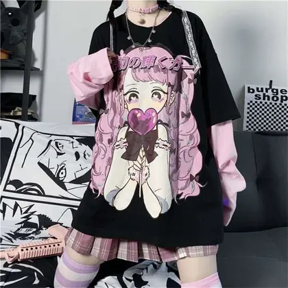 Harajuku Anime Hoodies Alt Kawaii Girls Fake Two Piece Top Striped Long Sleeve Y2k Pullover BF Korean Japanese Sweatshirt Teens