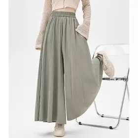 Women Fashion Solid Baggy Culottes Lady Korean High Waist Comfortable Trousers Hot Sale Girls Ice Silk Wide Leg Pants