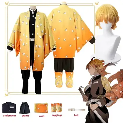  and Kids Anime Demon Slayer Kimetsu No Yaiba Agatsuma Zenitsu Costume Cosplay Kimono Uniform Halloween Party Costumes