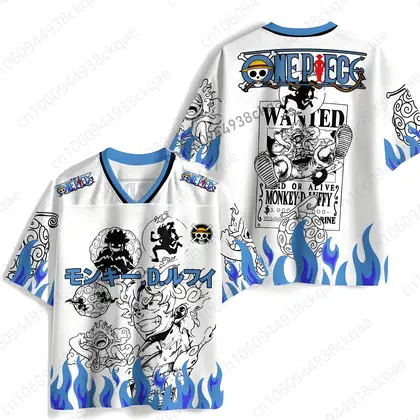 One Piece Luffy Gear 5 Jersey Shirt Sun God Nika Wanted Poster Graphic Tee Anime Men Women Joy Boy White Blue Flame Top