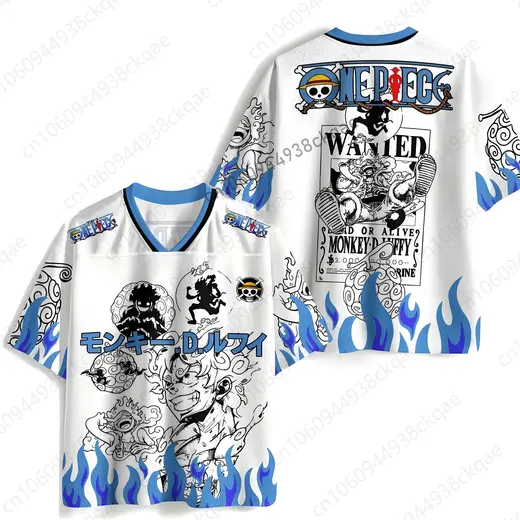One Piece Luffy Gear 5 Jersey Shirt Sun God Nika Wanted Poster Graphic Tee Anime Men Women Joy Boy White Blue Flame Top