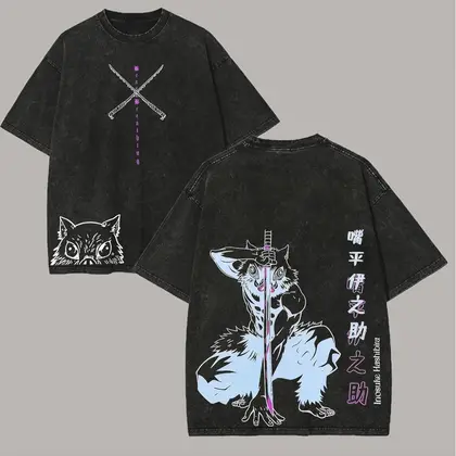 Inosuke Demon Slayer Graphic T-shirt Japanese Manga Washed Cotton T Shirt Men Women Clothing Casual Oversized Short