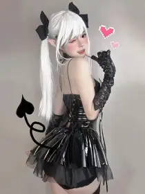 PU Leather Halter Neck Straps Bat Devil Short Mini Dress Women  Lingerie Halloween Cosplay Punk Gothic Costume