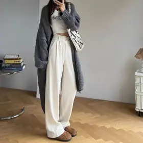 Female Korean Corduroy Suit Pants Girls High Waist Baggy Straight Leg Trousers Lady Classic Designer White Thin Pants
