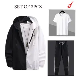 Single layer Windcheater + Tshirt+ Trouser Set For Men| summer | Autumn| [Black & White Design]