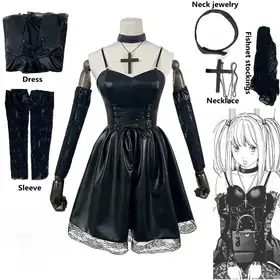 Women's Japanese Anime Cosplay Misa Amane Dress with Lace Trim Gothic Style Costume Imitation Leather  Dress Halloween