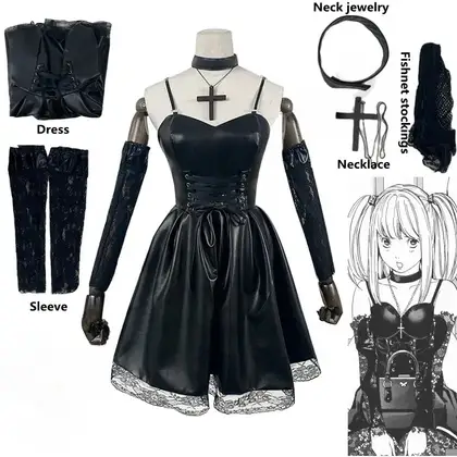Women's Japanese Anime Cosplay Misa Amane Dress with Lace Trim Gothic Style Costume Imitation Leather  Dress Halloween