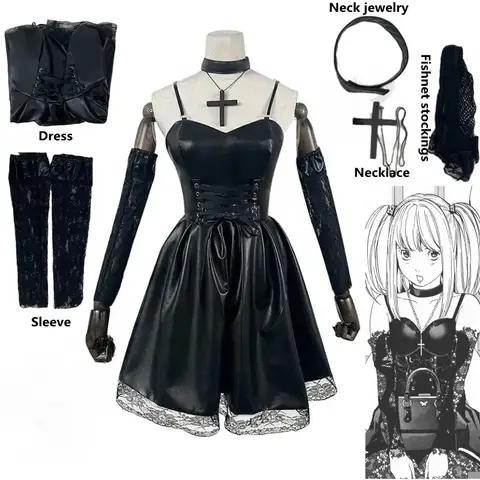 Women's Japanese Anime Cosplay Misa Amane Dress with Lace Trim Gothic Style Costume Imitation Leather  Dress Halloween