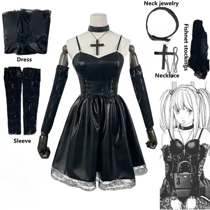 Women's Japanese Anime Cosplay Misa Amane Dress with Lace Trim Gothic Style Costume Imitation Leather  Dress Halloween
