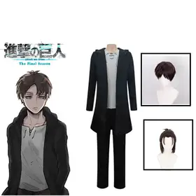Eren Jaeger Cosplay Costume Anime Titan Costume Wig Cosplay Eren Yeager Black Hooded Trench T-shirt Pants Halloween Clothes