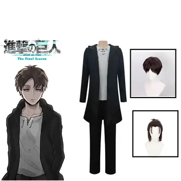 Eren Jaeger Cosplay Costume Anime Titan Costume Wig Cosplay Eren Yeager Black Hooded Trench T-shirt Pants Halloween Clothes