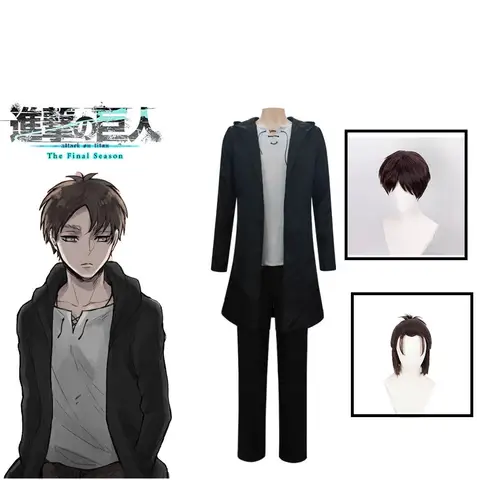 Eren Jaeger Cosplay Costume Anime Titan Costume Wig Cosplay Eren Yeager Black Hooded Trench T-shirt Pants Halloween Clothes