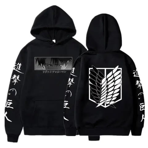 Hot Anime Attack on Titan Hoodies Print Hooded Men Clothes Sweatshirt Harajuku Regular Length Front Pocket Detail Long Sleeve