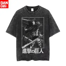 Attack on Titan Mikasa Ackerman Monochrome Vintage Washed T Shirt 26 Summer Oversized Streetwear Anime Graphic Tee for Men Women
