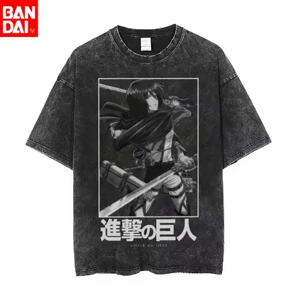Attack on Titan Mikasa Ackerman Monochrome Vintage Washed T Shirt 26 Summer Oversized Streetwear Anime Graphic Tee for Men Women