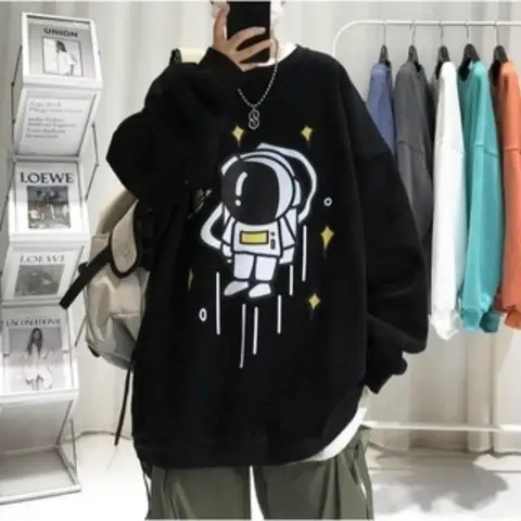 【M-8XL】Korean Version New Cartoon Astronaut Print Sweatshirts for Men Fashion Anime Loose Oversized Round Neck Jacket for Men