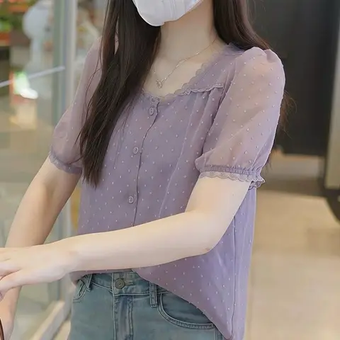 Women's Short Sleeved Shirts New Bling Chiffon Blouse Chic Design V-neck Fashion Slim Korean Top