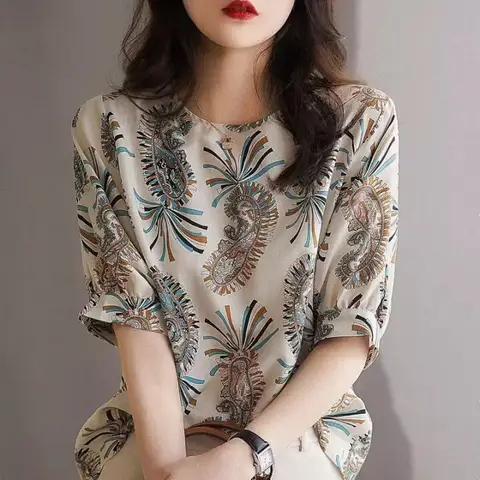 Chiffon Shirt Floral Top Short-sleeved Women's 2024 Summer New Korean Version Wild Noble Shirt Top