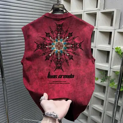 Men's American Style Pure Cotton Sleeveless Vest T-Shirt Tie-Dye 2025 Outerwear Top