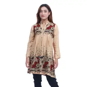 Creamy Cotton Color Neck Full Sleeve Flowers Printed Tops For Women