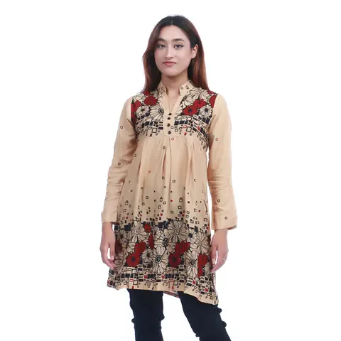 Creamy Cotton Color Neck Full Sleeve Flowers Printed Tops For Women