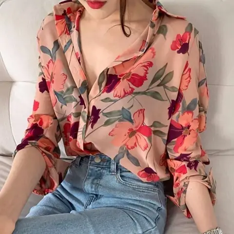 Floral Chiffon Shirt Long Sleeve Western Style Thin Versatile Shirt Design Sense Niche Top Thin Spring and Summer Shirt for Women
