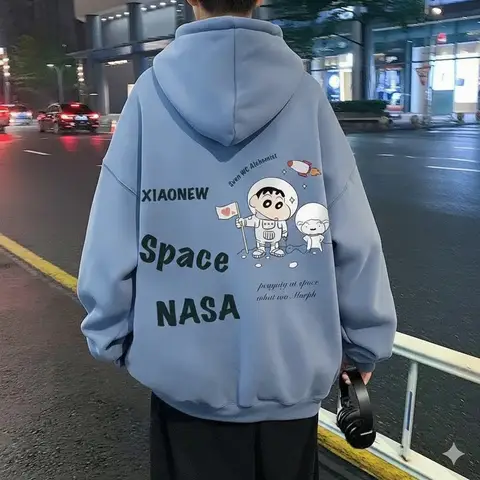 Tookss Men Cotton Fleece Lined Hoodie Trendy Cartoon Anime Printing Sweater Long Sleeves Loose Large Size Casual Pullover Tops Bles Online DZ-8A.08QC