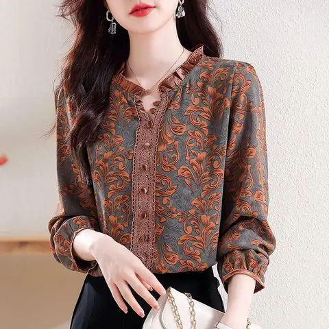 Women's Ethnic V-Neck Printed Blouse, Plus Size, National Style, Noble Wife Design, Fashionable Top