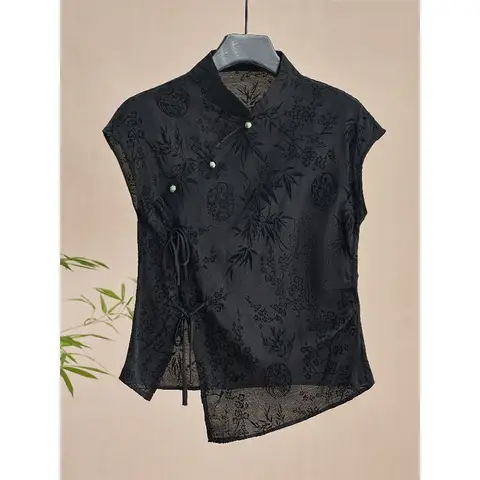 New Chinese Style National Flag Cheongsam Short Sleeve Shirt Satin Jacquard Regular Shoulder Women 2025 New Summer Retro Top