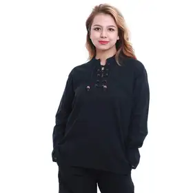 Black  Cotton Front Lace Design Side Pocket Full Sleeve Tops For Women