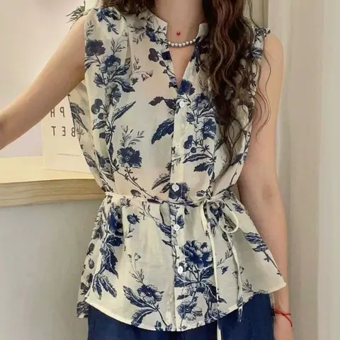 Women's Printed Shirt New V-neck Top Fashion Style Summer Clothing 2025 Casual Design Korean Version Bohemian Sleevelsess Shirts