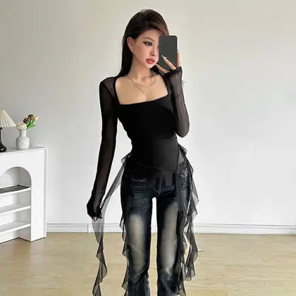 Sweet Streetwear Jellyfish Mesh Belt T-Shirt Elf Long Sleeve Pleated Collar Slim Fit Crop Tops Y2K Transparent Ruffle Long Sleeve Tops Spring Summer