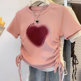 High Quality Simple Style Short Sleeve Breathable Slim-fit Short Top Small Niche Heart Printing Clothes