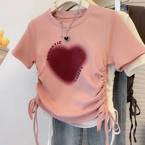 High Quality Simple Style Short Sleeve Breathable Slim-fit Short Top Small Niche Heart Printing Clothes