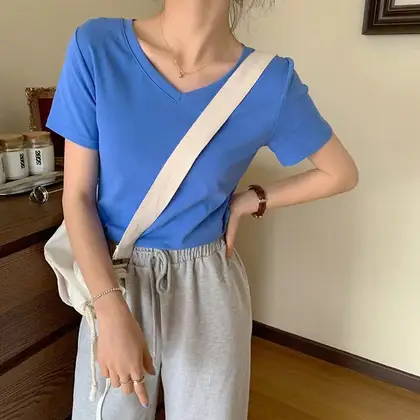 Women's Cotton Stretch V-Neck T-Shirt Short Sleeve Casual Comfortable Fit T-Shirt
