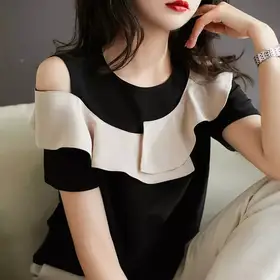 New Ruffled Off-shoulder Top Female Chiffon Shirt Summer Short-sleeved Design Foreign Temperament Small Shirt