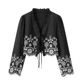 Chic Women Tops Embroidery Lace Bow Cut Out V-Neck Short Tops Loose New Fashion 2025 Spring Summer Streetwear Tops