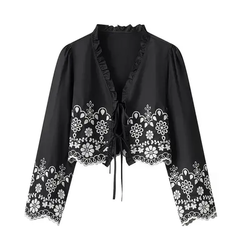 Chic Women Tops Embroidery Lace Bow Cut Out V-Neck Short Tops Loose New Fashion 2025 Spring Summer Streetwear Tops