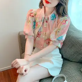 Puff Sleeve Shirt for Women Summer New Niche Design Sense Beaded Collar Vintage Print Fashion Versatile Top