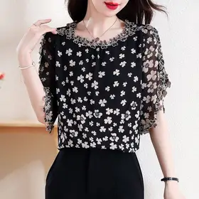 2024 Fashion Embroidery Chiffon Shirt for Women, Retro Short Sleeve Casual Top, Thin & Lightweight