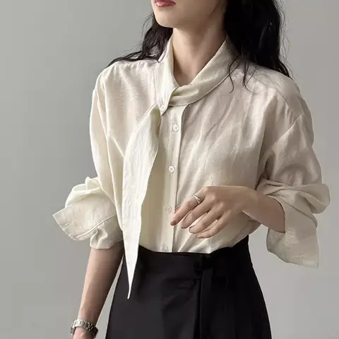 Korean Scarf Collar Long Sleeved Shirt For Women's Autumn Design Commute French Style Workwear Top