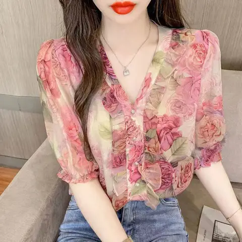 Bohemian V-neck Floral Shirt Women's Summer 2024 New Foreign Style Ruffle Sleeve Casual Chiffon Shirt Top